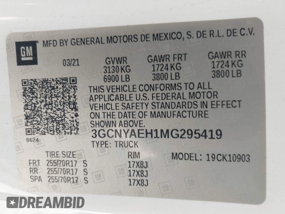 2021 Chevrolet Silverado 1500 with VIN 3GCNYAEH1MG295419, listed as a IAAI auction lot 42064514 with Not Provided miles and . Bid and sale history available at DreamBid. Image 9.