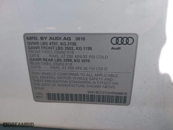 2017 Audi Q3 Premium with VIN WA1BCCFS3HR006676, listed as a IAAI auction lot 41586016 with 73,461 mi miles. Bid and sale history available at carsss.com. Image 9.