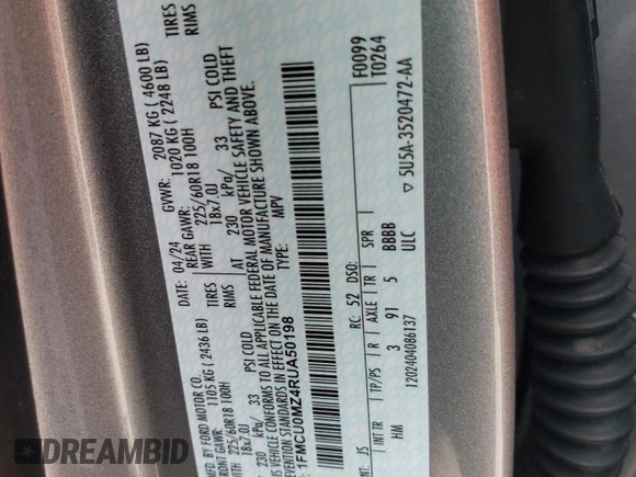 2024 Ford Escape ST-Line with VIN 1FMCU0MZ4RUA50198, listed as a Copart auction lot 79127864 with 5,135 mi miles and Salvage Title. Bid and sale history available at DreamBid. Image 14.