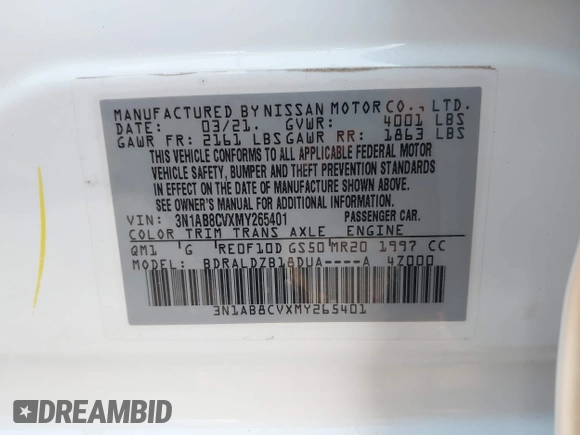 2021 Nissan Sentra SV with VIN 3N1AB8CVXMY265401, listed as a IAAI auction lot 41973734 with 58,040 mi miles and . Bid and sale history available at DreamBid. Image 9.