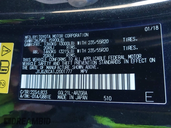 2018 Lexus RX with VIN JTJGZKCA1J2001777, listed as a IAAI auction lot 41414444 with 25,563 mi miles. Bid and sale history available at carsss.com. Image 9.