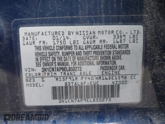 2014 Nissan Versa SV with VIN 3N1CN7AP9EL850273, listed as a IAAI auction lot 42193393 with 152,613 mi miles and . Bid and sale history available at DreamBid. Image 9.