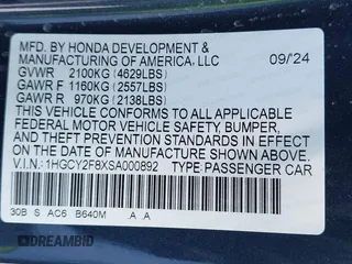2025 Honda Accord Touring with VIN 1HGCY2F8XSA000892, listed as a IAAI auction lot 42246204 with 17,325 mi miles and . Bid and sale history available at DreamBid. Image 9.