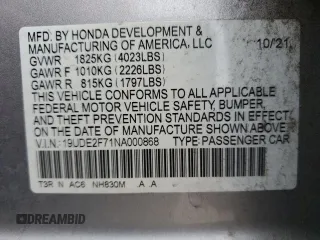 2022 Acura ILX Premium with VIN 19UDE2F71NA000868, listed as a Copart auction lot 79695344 with Not Provided miles and Salvage Title. Bid and sale history available at DreamBid. Image 14.