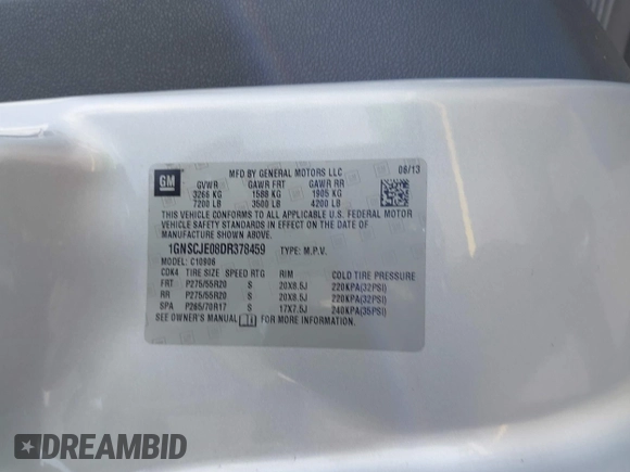 2013 Chevrolet Suburban LT with VIN 1GNSCJE08DR378459, listed as a IAAI auction lot 42453650 with 179,156 mi miles and . Bid and sale history available at DreamBid. Image 9.