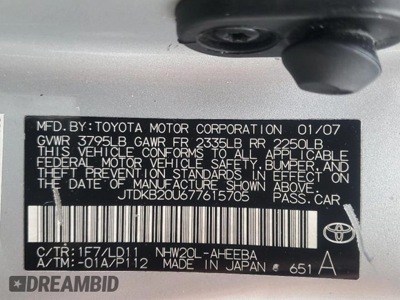2007 Toyota Prius с VIN JTDKB20U677615705, выставлен на аукционе Copart как лот 54980945 с пробегом 233 770 миль миль и Чистый • Clean title. История ставок и продаж доступна на DreamBid. Изображение 12.