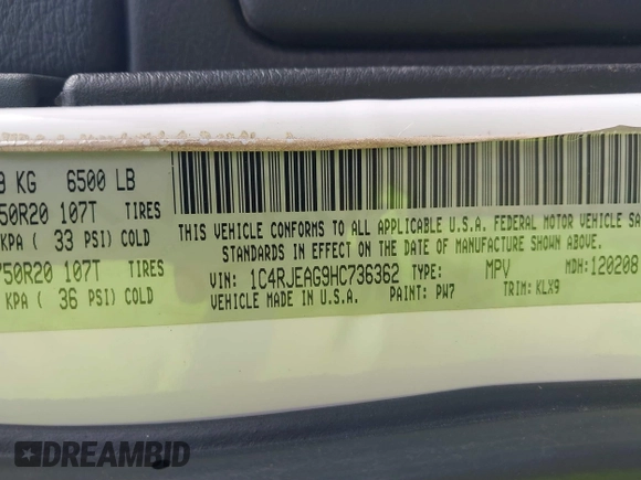 2017 Jeep Grand Cherokee Altitude with VIN 1C4RJEAG9HC736362, listed as a IAAI auction lot 41437181 with 125,346 mi miles and . Bid and sale history available at DreamBid. Image 9.