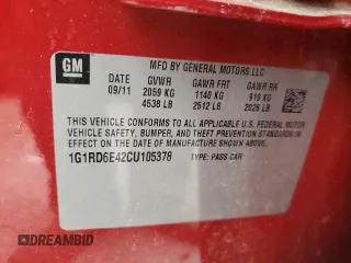 2012 Chevrolet Volt with VIN 1G1RD6E42CU105378, listed as a Copart auction lot 54560595 with 170,924 mi miles and Clean Title. Bid and sale history available at carsss.com. Image 12.