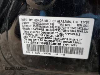 2008 Honda Pilot VP with VIN 5FNYF18208B030318, listed as a Copart auction lot 50926455 with 154,587 mi miles and Salvage Title. Bid and sale history available at DreamBid. Image 13.