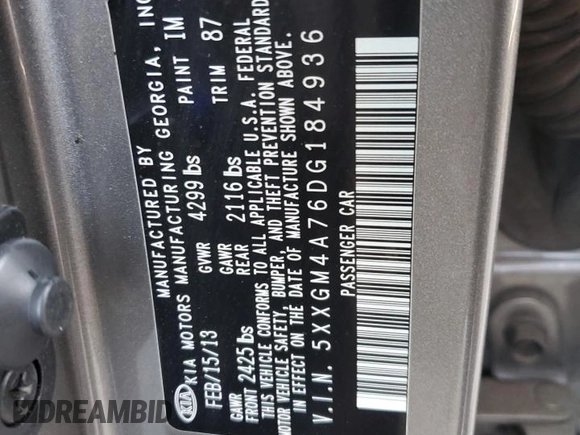 2013 Kia Optima LX with VIN 5XXGM4A76DG184936, listed as a Copart auction lot 51847645 with 134,696 mi miles and Clean Title. Bid and sale history available at carsss.com. Image 12.