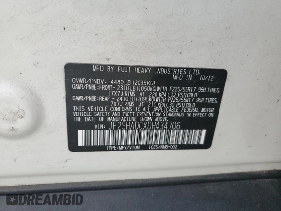 2013 Subaru Forester X Premium with VIN JF2SHADCXDH434706, listed as a Copart auction lot 55883865 with 63,293 mi miles and Salvage title. Bid and sale history available at DreamBid. Image 13.