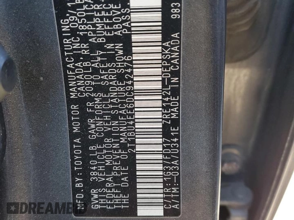 2013 Toyota Corolla L with VIN 2T1BU4EE6DC942476, listed as a Copart auction lot 49455085 with 162,875 mi miles and Salvage Title. Bid and sale history available at DreamBid. Image 12.