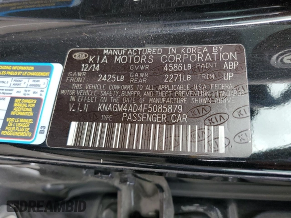 2015 Kia Optima Hybrid with VIN KNAGM4AD4F5085879, listed as a Copart auction lot 82037454 with 99,730 mi miles and Salvage Title. Bid and sale history available at carsss.com. Image 12.