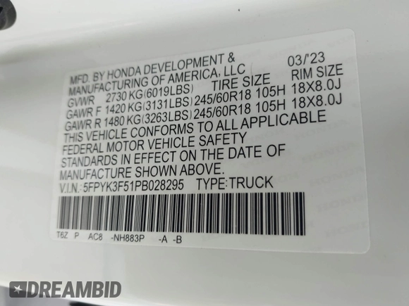 2023 Honda Ridgeline RTL z VIN 5FPYK3F51PB028295, wystawiony jako IAAI lot #42031783 z przebiegiem 39 228 mil mil oraz . Historia ofert i sprzedaży dostępna na DreamBid. Obrazek 9.
