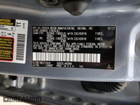 2021 Toyota Highlander L with VIN 5TDBZRBH3MS097848, listed as a Copart auction lot 61220625 with 57,658 mi miles and Clean title. Bid and sale history available at DreamBid. Image 13.