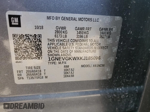 2019 Chevrolet Traverse LT Cloth with VIN 1GNEVGKWXKJ185096, listed as a Copart auction lot 45066784 with 0 mi miles. Bid and sale history available at carsss.com. Image 15.