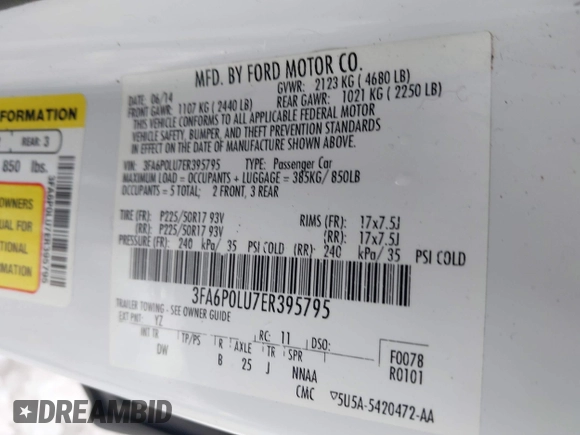 2014 Ford Fusion SE Hybrid with VIN 3FA6P0LU7ER395795, listed as a IAAI auction lot 41515505 with 58,037 mi miles. Bid and sale history available at carsss.com. Image 9.