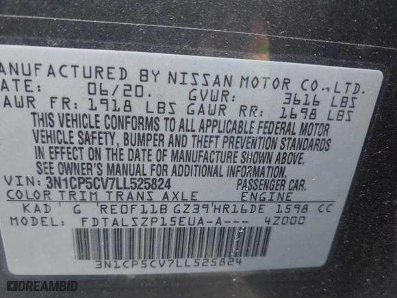 2020 Nissan Kicks SV with VIN 3N1CP5CV7LL525824, listed as a IAAI auction lot 41704814 with 79,647 mi miles. Bid and sale history available at carsss.com. Image 9.