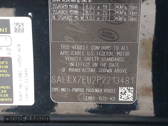 2023 Land Rover Defender X with VIN SALEX7EU2P2213481, listed as a IAAI auction lot 42368968 with 12,903 mi miles and . Bid and sale history available at DreamBid. Image 9.