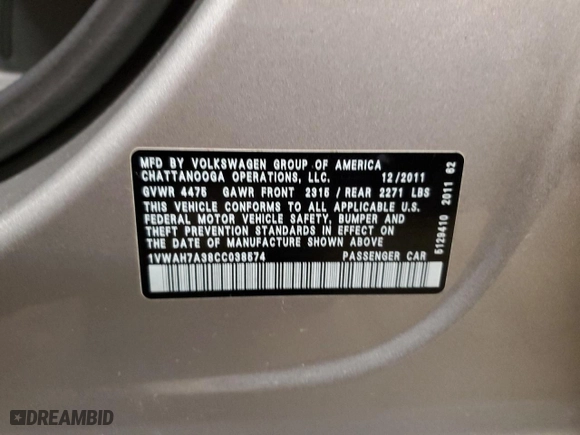 2012 Volkswagen Passat S w/Appearance with VIN 1VWAH7A38CC038574, listed as a Copart auction lot 44232305 with 157,886 mi miles and Salvage Title. Bid and sale history available at carsss.com. Image 12.