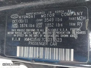 2012 Hyundai Accent SE with VIN KMHCU5AE7CU031523, listed as a IAAI auction lot 41519387 with 196,272 mi miles. Bid and sale history available at carsss.com. Image 9.