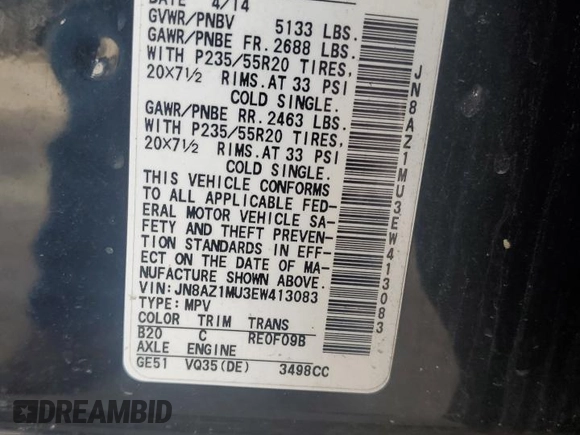 2014 Nissan Murano SV with VIN JN8AZ1MU3EW413083, listed as a Copart auction lot 70885944 with 212,100 mi miles and Clean Title. Bid and sale history available at carsss.com. Image 12.