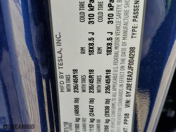 2018 Tesla Model 3 Long Range Battery with VIN 5YJ3E1EA2JF004298, listed as a Copart auction lot 52545975 with 58,267 mi miles and Salvage Title. Bid and sale history available at carsss.com. Image 12.