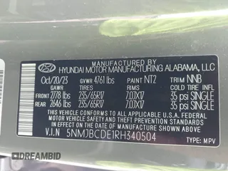 2024 Hyundai Tucson SEL with VIN 5NMJBCDE1RH340504, listed as a IAAI auction lot 42115650 with 39,056 mi miles. Bid and sale history available at carsss.com. Image 9.