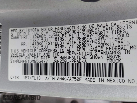 2013 Toyota Tacoma with VIN 3TMMU4FN1DM055477, listed as a IAAI auction lot 42306479 with 191,792 mi miles and . Bid and sale history available at DreamBid. Image 9.
