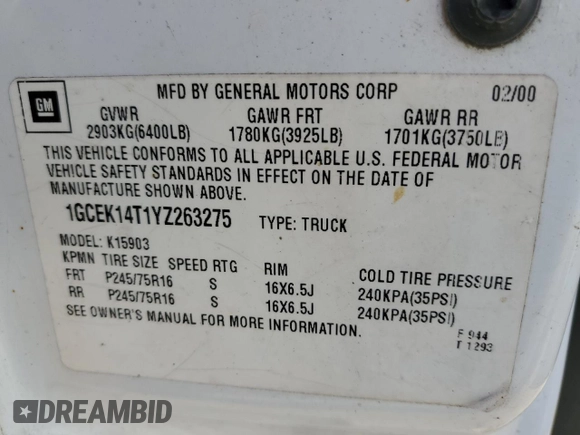 2000 Chevrolet Silverado 1500 with VIN 1GCEK14T1YZ263275, listed as a Copart auction lot 46779595 with 144,052 mi miles and Salvage Title. Bid and sale history available at carsss.com. Image 14.