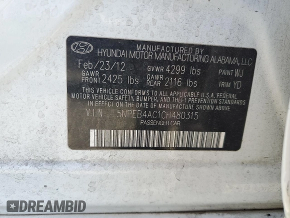 2012 Hyundai Sonata GLS with VIN 5NPEB4AC1CH480315, listed as a Copart auction lot 68141644 with 140,363 mi miles and Salvage Title. Bid and sale history available at carsss.com. Image 12.