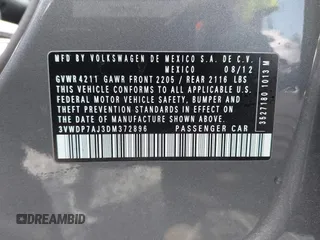 2013 Volkswagen Jetta SE with VIN 3VWDP7AJ3DM372896, listed as a IAAI auction lot 42520685 with 127,143 mi miles and . Bid and sale history available at DreamBid. Image 9.