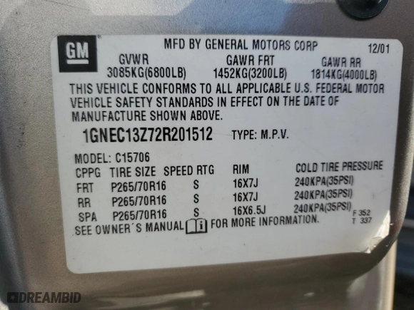2002 Chevrolet Tahoe LT with VIN 1GNEC13Z72R201512, listed as a Copart auction lot 87957605 with 268,626 mi miles and Salvage Title. Bid and sale history available at carsss.com. Image 12.