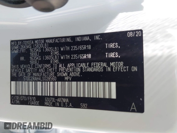 2020 Toyota Highlander L with VIN 5TDCZRAH4LS028560, listed as a IAAI auction lot 42436309 with 55,569 mi miles and . Bid and sale history available at DreamBid. Image 9.