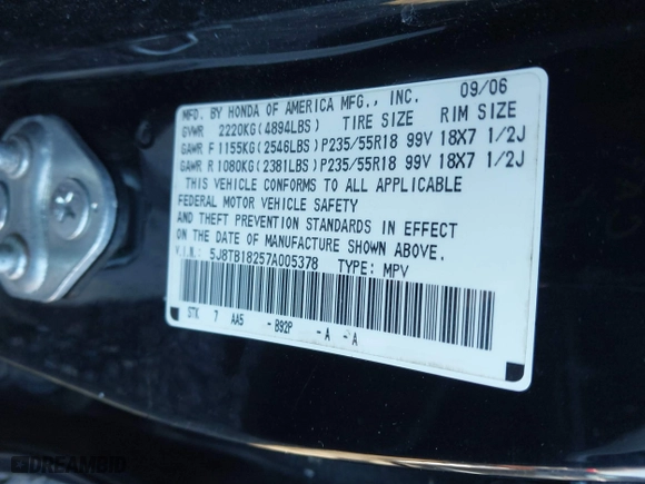 2007 Acura RDX with VIN 5J8TB18257A005378, listed as a IAAI auction lot 41431266 with 195,077 mi miles. Bid and sale history available at carsss.com. Image 9.