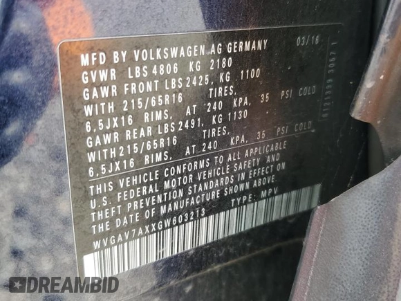 2016 Volkswagen Tiguan R-Line with VIN WVGAV7AXXGW603213, listed as a Copart auction lot 63615205 with 110,575 mi miles and Salvage title. Bid and sale history available at DreamBid. Image 13.