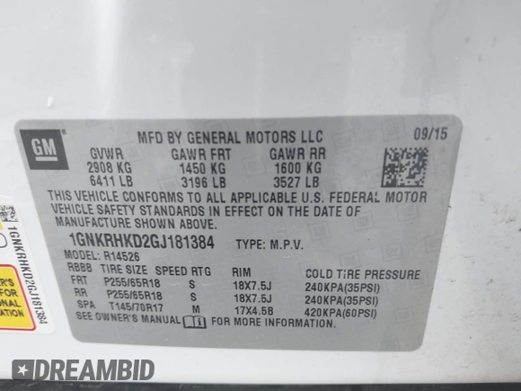 2016 Chevrolet Traverse LT z VIN 1GNKRHKD2GJ181384, wystawiony jako IAAI lot #41723981 z przebiegiem 143 263 mil mil oraz . Historia ofert i sprzedaży dostępna na DreamBid. Obrazek 9.