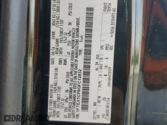 2016 Ford F-150 XL с VIN 1FTEX1CP8GFC12832, выставлен на аукционе Copart как лот 52437755 с пробегом 200 187 миль миль и На запчасти • Non repairable. История ставок и продаж доступна на DreamBid. Изображение 14.
