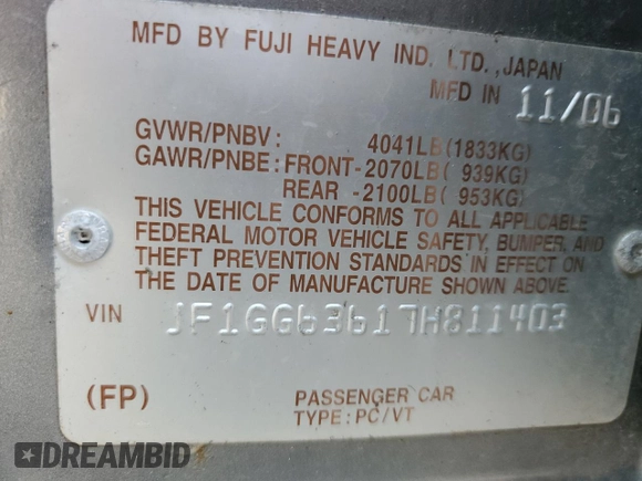 2007 Subaru Impreza Outback Special Sports с VIN JF1GG63617H811403, выставлен на аукционе Copart как лот 54610465 с пробегом 175 394 миль миль и На запчасти • Non repairable. История ставок и продаж доступна на DreamBid. Изображение 12.