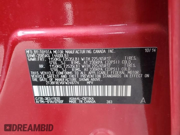 2015 Toyota RAV4 LE with VIN 2T3BFREV6FW248774, listed as a Copart auction lot 51546965 with 103,894 mi miles and Salvage title. Bid and sale history available at DreamBid. Image 14.