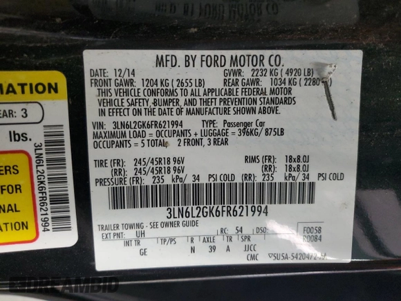 2015 Lincoln MKZ with VIN 3LN6L2GK6FR621994, listed as a Copart auction lot 54855395 with 150,516 mi miles and Clean Title. Bid and sale history available at carsss.com. Image 12.