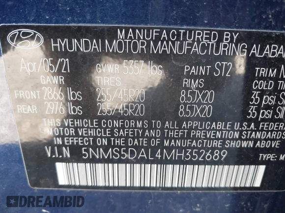 2021 Hyundai Santa Fe Calligraphy z VIN 5NMS5DAL4MH352689, wystawiony jako IAAI lot #41740911 z przebiegiem 15 589 mil mil oraz . Historia ofert i sprzedaży dostępna na DreamBid. Obrazek 9.