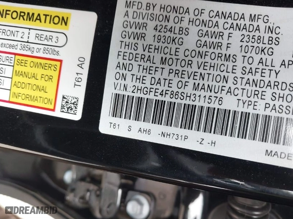 2025 Honda Civic Sedan Hybrid Sport with VIN 2HGFE4F86SH311576, listed as a IAAI auction lot 41729096 with 2,829 mi miles. Bid and sale history available at carsss.com. Image 9.