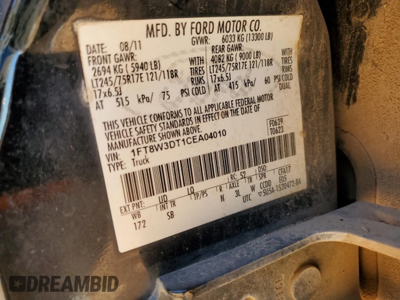 2012 Ford F-350 XL with VIN 1FT8W3DT1CEA04010, listed as a Copart auction lot 46789155 with Not Provided miles and Salvage Title. Bid and sale history available at DreamBid. Image 12.