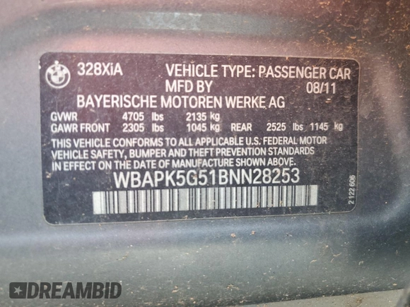 2011 BMW 3 Series 328i xDrive with VIN WBAPK5G51BNN28253, listed as a Copart auction lot 58716745 with Not provided miles and Salvage title. Bid and sale history available at DreamBid. Image 12.