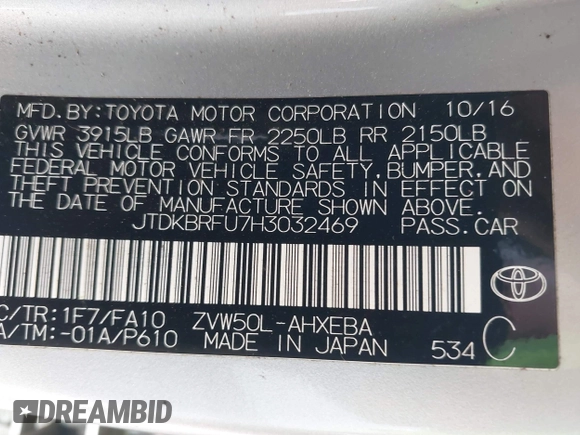 2017 Toyota Prius Two with VIN JTDKBRFU7H3032469, listed as a IAAI auction lot 42097816 with 65,853 mi miles and . Bid and sale history available at DreamBid. Image 9.
