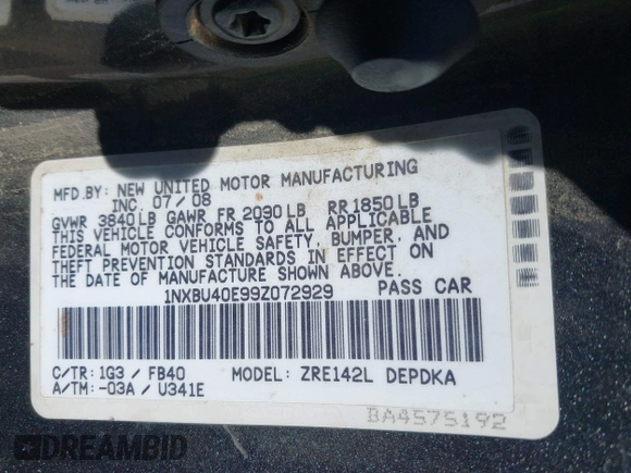 2009 Toyota Corolla with VIN 1NXBU40E99Z072929, listed as a IAAI auction lot 42475263 with 270,754 mi miles and . Bid and sale history available at DreamBid. Image 9.