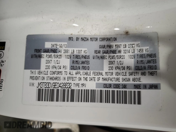2014 Mazda CX-9 Grand Touring z VIN JM3TB3DV9E0428632, wystawiony jako Copart lot #59928885 z przebiegiem 83 697 mil mil oraz Szkoda całkowita • Salvage title. Historia ofert i sprzedaży dostępna na DreamBid. Obrazek 13.