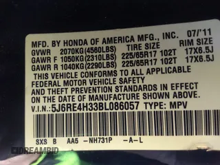2011 Honda CR-V LX with VIN 5J6RE4H33BL086057, listed as a IAAI auction lot 41782247 with 169,758 mi miles. Bid and sale history available at carsss.com. Image 9.