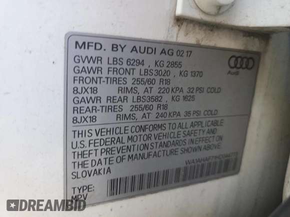2017 Audi Q7 Premium with VIN WA1AHAF71HD044773, listed as a Copart auction lot 76678044 with 95,722 mi miles and Salvage title. Bid and sale history available at DreamBid. Image 14.